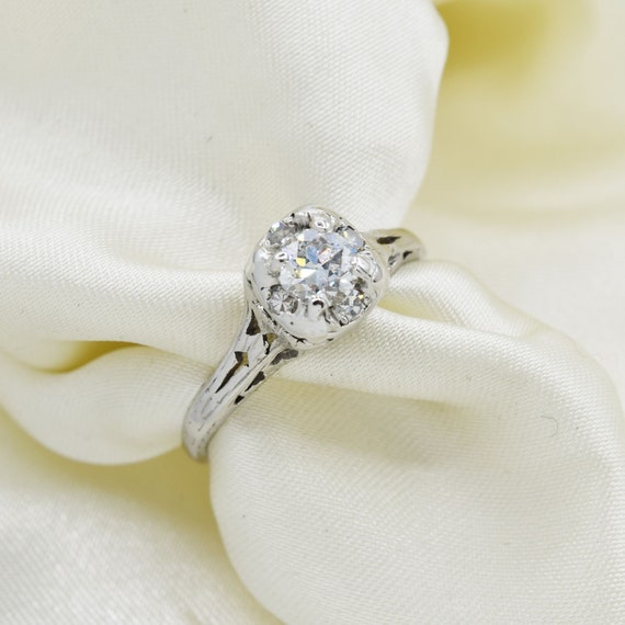 18k White Gold Deco Solitaire Filigree Engagement… - image 1