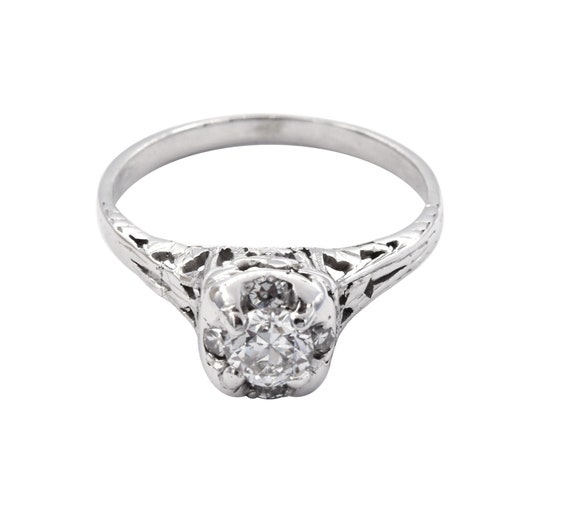 18k White Gold Deco Solitaire Filigree Engagement… - image 5