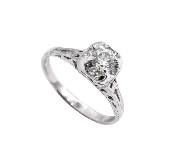 18k White Gold Deco Solitaire Filigree Engagement… - image 3