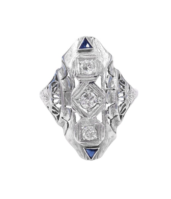 Art Deco White Gold Diamond & Sapphire Dinner Rin… - image 2