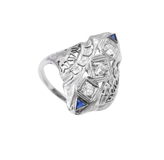 Art Deco White Gold Diamond & Sapphire Dinner Rin… - image 3