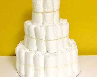 Undecorated Three Tier Diaper Cake. Baby Shower Gift. Centerpiece. Decorations. DIY Diaper Cake. How to Make a Diaper Cake. Plain Cake.