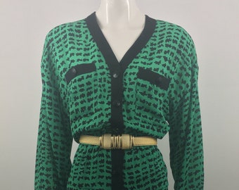 1980's Blake Elizabeth Kelly Green Drop Waist Dress|Animal Print Dress|Work Dress|Career Dress|Professional Dress|Office Dress|Size 8