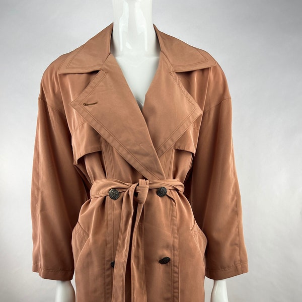 1980's Utex Design Classic Trench Coat Batwing|Vintage Belted Rain Coat|Long Coral Jacket|Everyday Overcoat|Casual Peach Spring Jacket|L