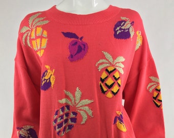 1980's Escada by Margaretha Ley Tangerine Orange Crewneck Sweater|Novelty Fruit Sweater|80's Pineapple Pear Sweater|Size Large