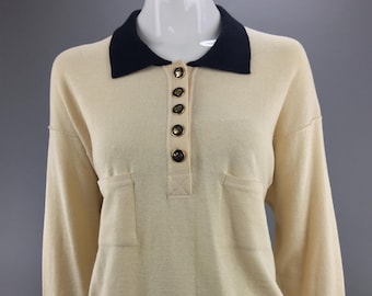 Vintage Sonia Rykiel Paris Wool Angora Polo Sweater Beige Black Collar SR Button Top S/ M