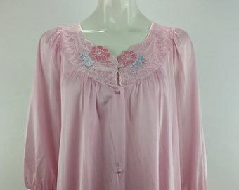 1970s Lorraine Pink Nylon Peignoir Set: Vintage Floral Lace Gown and Robe, Size Small