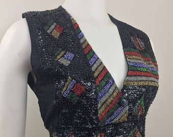 1980's Creazioni Effeci Black Sequined Vest w Colorful Design|Beaded & Sequined Vest|80's Glam Vest|Holiday Vest|Festive Party Vest|Size SM