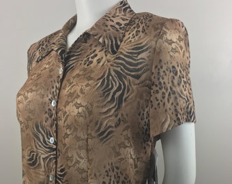 80s Sheer Leopard Print Top: Vintage Keyhole Blouse, Size 12P