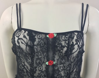 1980's First Lady Sheer Black Lace Camisole|Peplum Camisole|See Through Bra Top|Size Medium