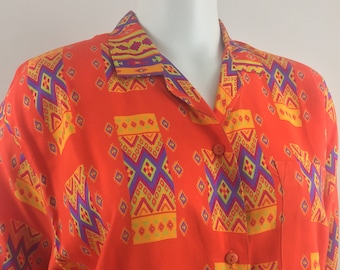 1990's Freestyle Orange Abstract Print Shirt|Saved by the Bell Shirt|Casual Summer Shirt|90's Party Shirt|Size Medium