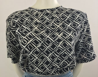 Vintage 90s Geometric Print Blouse - Black & White - Size 1X
