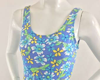 1990's Bermuda Beachwear Sky Blue Swimsuit w Butterfly & Floral Print|Floral Swimsuit|Butterfly Swimsuit|Blue Swimwear|Size 9-10 M