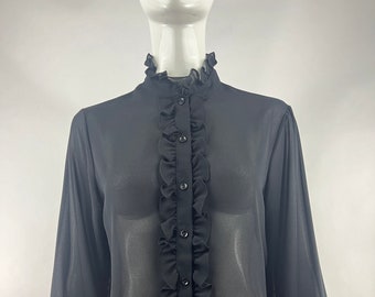 Vintage 70s Joanna Black Sheer Ruffle High Neck Victorian Blouse Chiffon Goth Shirt Size M