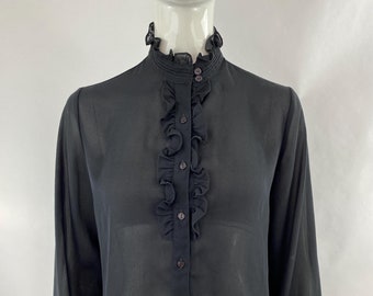 Vintage 70s Amelia Black Sheer Ruffle High Neck Victorian Blouse Tuxedo Shirt S/M