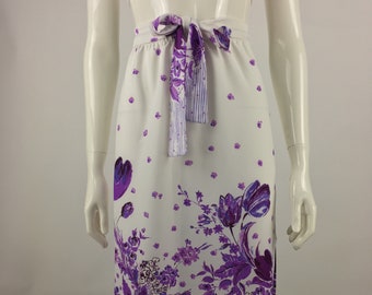 1970's White Skirt w Purple Floral Print & Matching Belt|Floral Midi Skirt|Casual Summer Skirt|70"s Festival Skirt|Size Small
