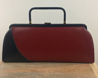 1960's Blue & Red Color Blocked Purse|Vintage Frame Purse|Vintage Hand Bag|Top Handle Purse|Rectangle Shaped Purse