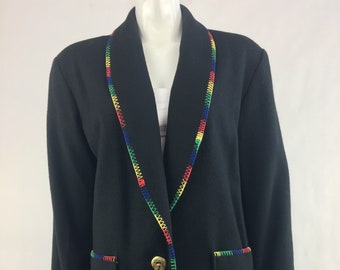 1980er Schwarzer Southwestern Blazer mit Bunten Borte, Concho und Fransen|Country & Western Blazer|Schwarzer Wollmischung Blazer|Größe Medium