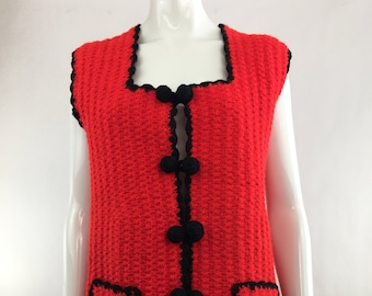 1970's Red Handknitted Granny Vest|Crotched Boho Hippie Vest|Gypsy Vest|Music Festival Vest|Handmade Waist Coat|Red Sweater Vest|Size Medium