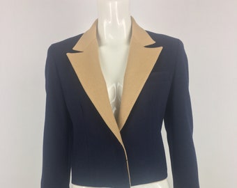 1980's Raspini Navy Blue Eaton Blazer w Tan Lapel|Dark Blue Eaton Jacket|Vintage Wool Blazer|Navy Blue Cropped Blazer|Blue Butler Jacket|M