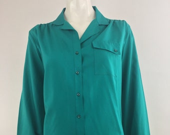 1980's Ann Chabrol Teal Green Blouse|Secretary Blouse|Librarian Blouse|Work Blouse|Career Blouse|Professional Blouse|Office Blouse|Size 16