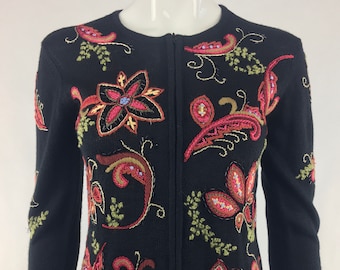 90's Talbots Embroidered Black Floral Cardigan|Dark Floral Sweater|Floral Knit Sweater|Front Zipper Work Sweater|Office Sweater|Size Petite