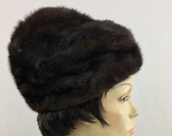 1960's Chocolate Brown Mink Fur Hat|Pillbox Fur Hat|Animal Fur Hat|Fluffy Fur Hat|Warm Cozy Winter Hat|Mod Winter Hat