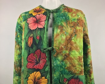 1990's Sara Drower Handmade Quilted Jacket|Reversible Shibori Jacket|Artist Signed Wearable Art|Hand Painted & Drawn Tie Dyed Jacket|Size L