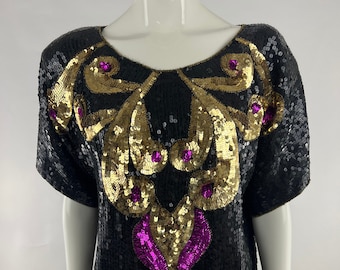 1980's Black Sequin and Beaded Blouse|Silk Holiday Party Blouse| 80's Party Glam Top|Glitzy Gala Blouse|Date Night Top|Formal Event Top|L