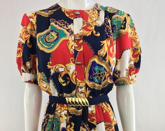 80's Winning Ticket Red, White, Blue, & Gold Baroque Dress|Pleated Midi Dress|Nautical Dress|Novelty Print Dress|80's Preppy Work Dress|12P