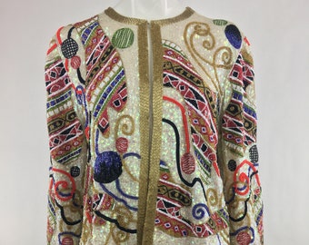1980er Jahre Judith Ann Creations I. Magnin Seidenperlen Paillettenjacke - Geometric Glam