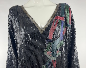 1980's Black Sequin and Beaded Blouse|Silk Holiday Party Blouse| 80's Party Glam Top|Glitzy Gala Blouse|Date Night Top|Formal Event Top|M/L