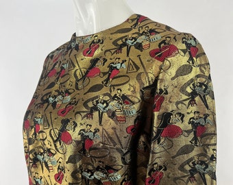 Vintage 60s Metallic Gold Lame Top Novelty Ballroom Dancers Shirt Size Small