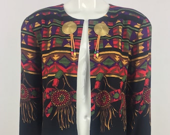 Vintage 90s Southwestern Blazer: Fringe Lapel, Ethnic Tribal Pattern, Medium