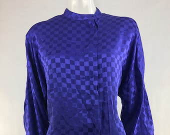 Vintage 80s Cobalt Blue Satin Blouse Checkerboard Damask Top Essentials M