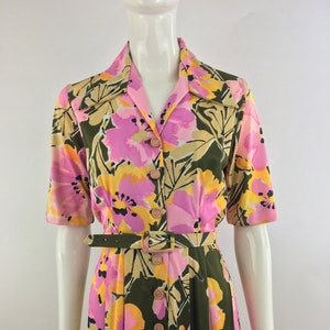1960&#39;s Pink and Olive Green Floral Shirt Dress w Matching Belt|60&#39;s Day Dress|Floral Tea Dress|Size 4