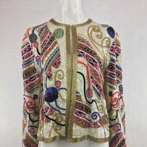 1980&#39;s Judith Ann Creations for I. Magnin Embellished Sequined & Beaded Jacket|Geometric Blazer|Silk Evening Jacket|80&#39;s Glam Party Jacket|S