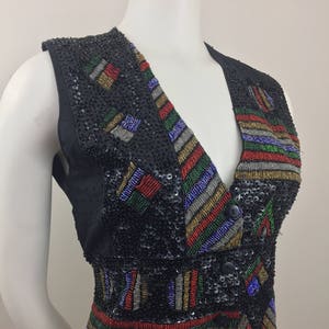 1980's Creazioni Effeci Black Sequined Vest w Colorful DesignBeaded & Sequined Vest80's Glam VestHoliday VestFestive Party VestSize SM image 1