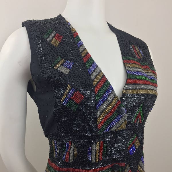 1980's Creazioni Effeci Black Sequined Vest w Colorful Design|Beaded & Sequined Vest|80's Glam Vest|Holiday Vest|Festive Party Vest|Size SM