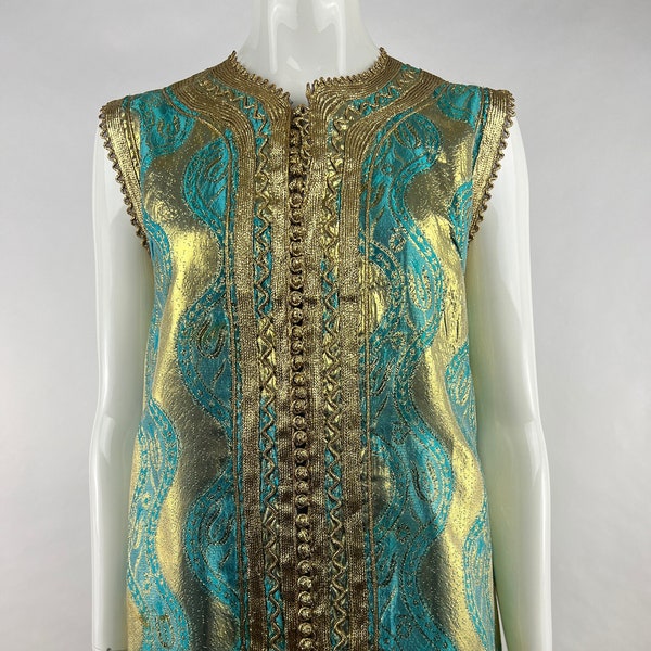 1960's Mint Green & Metallic Gold Baroque Kurti|Mod Jacquard Dress|Shimmery Ethnic Bindalli Tunic|Boho Hippy Tunic Dress| L