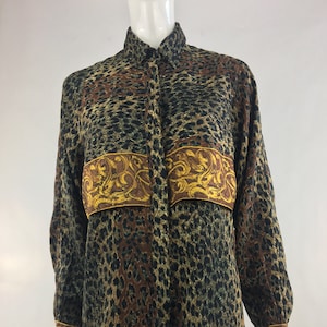 90&#39;s SLB by Sunny Leigh Black & Gold Baroque Mixed Print Blouse|Animal Print Blouse|Tiger King Blouse|Cheetah Blouse|Leopard Print Blouse|M