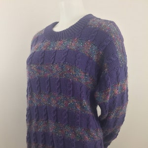 1990&#39;s Purple Mohair Blend Sweater|Hand-Knitted Sweater|Horizontal Striped Sweater|Fuzzy Wool Sweater|Cozy Casual Sweater|Size L