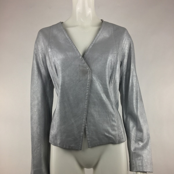 90's Donna Karen Metallic Silver Reindeer Suede Jacket|Gray Girly Gruncge Jacket|Leather Rocker Jacket|Moto Jacket|Glam Biker Jacket|Size 10