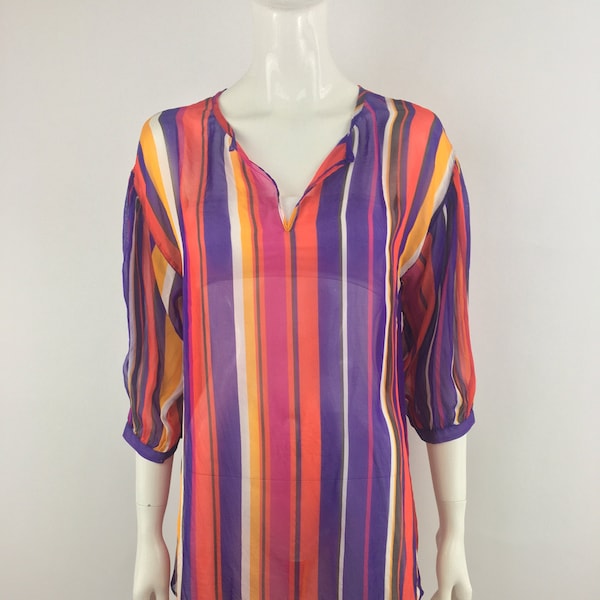 1990's Escada Sport Red Striped Blouse|Beach Resort Blouse|Summer Vacation Blouse|Beach Cover Up|Semi-Sheer Blouse|See Through Blouse|Size M