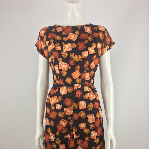 60's Brown Faux Wrap Wiggle Dress w Geometric Design|Mod Work Dress|60's Office Dress|Professional Dress|Career Dress|Cocktail Dress|Size 2