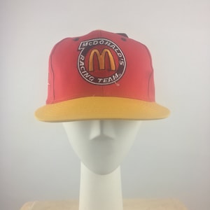 Vintage 1990&#39;s Nascar Track Side Red Snap Back w Embroidered McDonald&#39;s Racing Team Logo|Jimmy Spencer Nascar Hat|Red Trucker Hat|One Size