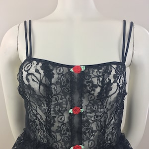 1980&#39;s First Lady Sheer Black Lace Camisole|Peplum Camisole|See Through Bra Top|Size Medium