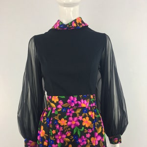 1970&#39;s Black Floral Maxi Dress|Dark Floral Dress|Marsha Brady Dress|Hostess Dress|Entertaining Outfit|Size 6