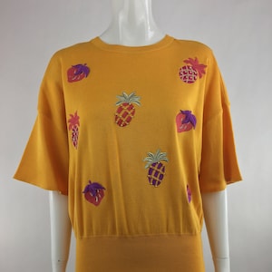 1980's Escada by Margaretha Ley Yellow Crewneck Embroidered Fruit Sweater|Novelty Pineapple Strawberry Sweater|Short Sleeve Sweater|Size L