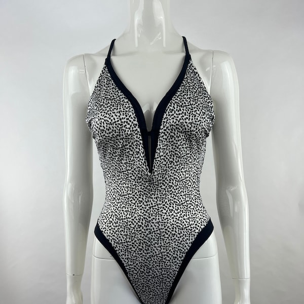 80's Sirena Black & White Leopard Print One Piece Swimsuit|Animal Print Bathing Suit|80's Swimwear|Zebra Print Swimsuit|Vintage Swimsuit|S